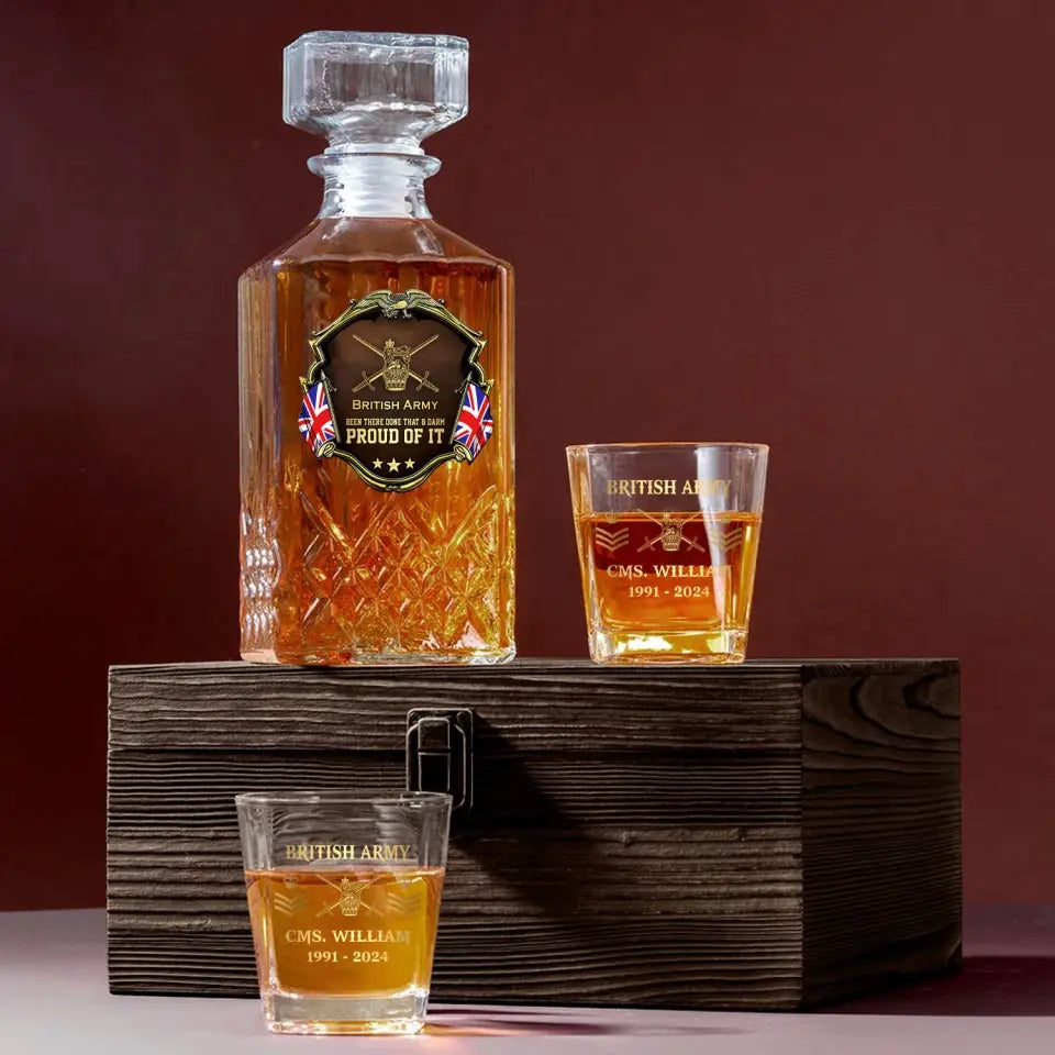Personalized UK Army Been There Done That & Darm Proud Of It UK Veteran Rank Gold Decanter Set With Glasses Printed AHVA251595