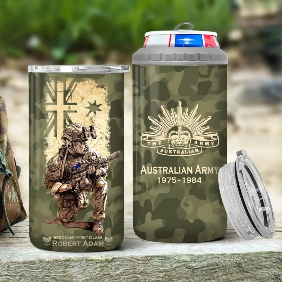 Personalized Australian Army Veteran Logo Custom Name, Rank & Time Can Cooler 16oz Printed LVA241604