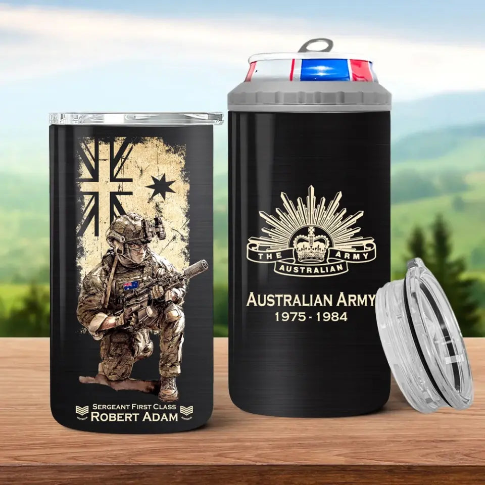 Personalized Australian Army Veteran Logo Custom Name, Rank & Time Can Cooler 16oz Printed LVA241604