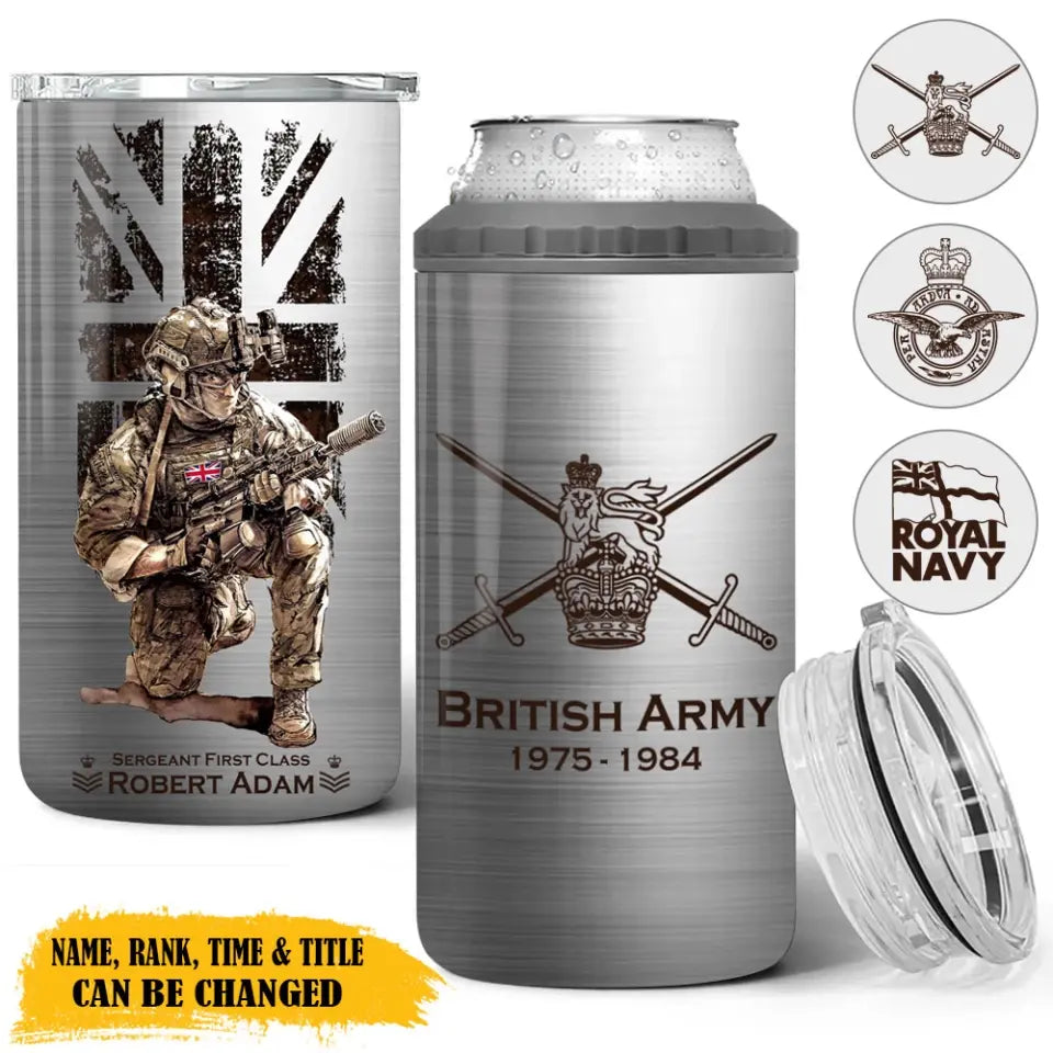 Personalized British Army Veteran Logo Custom Name, Rank & Time Can Cooler 16oz Printed LVA241604