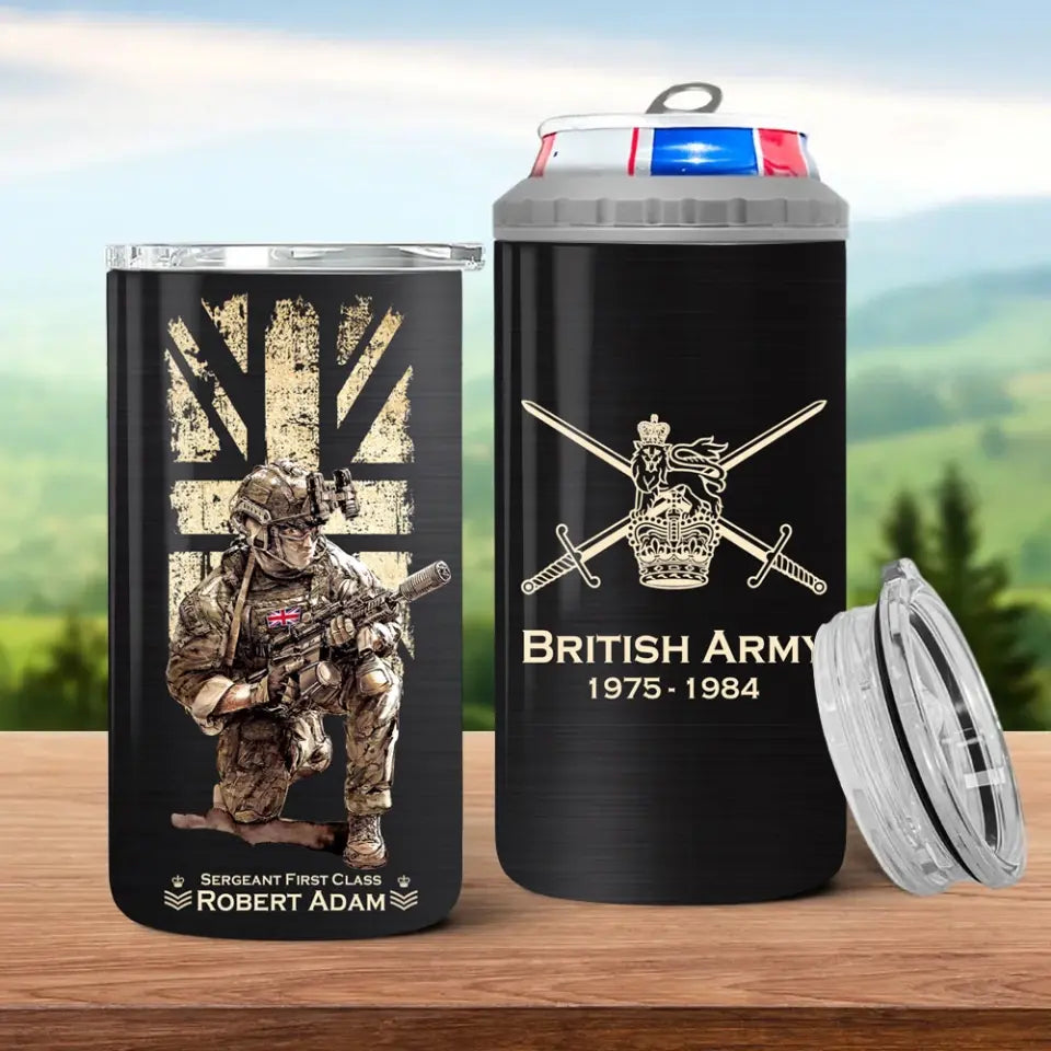 Personalized British Army Veteran Logo Custom Name, Rank & Time Can Cooler 16oz Printed LVA241604