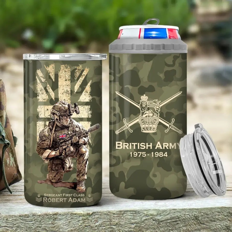 Personalized British Army Veteran Logo Custom Name, Rank & Time Can Cooler 16oz Printed LVA241604