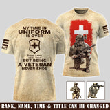 Personalized My Time In Uniform Is Over Royal Swiss Army But Being A Veteran Never Ends 3D T-shirt Printed AHVA241609