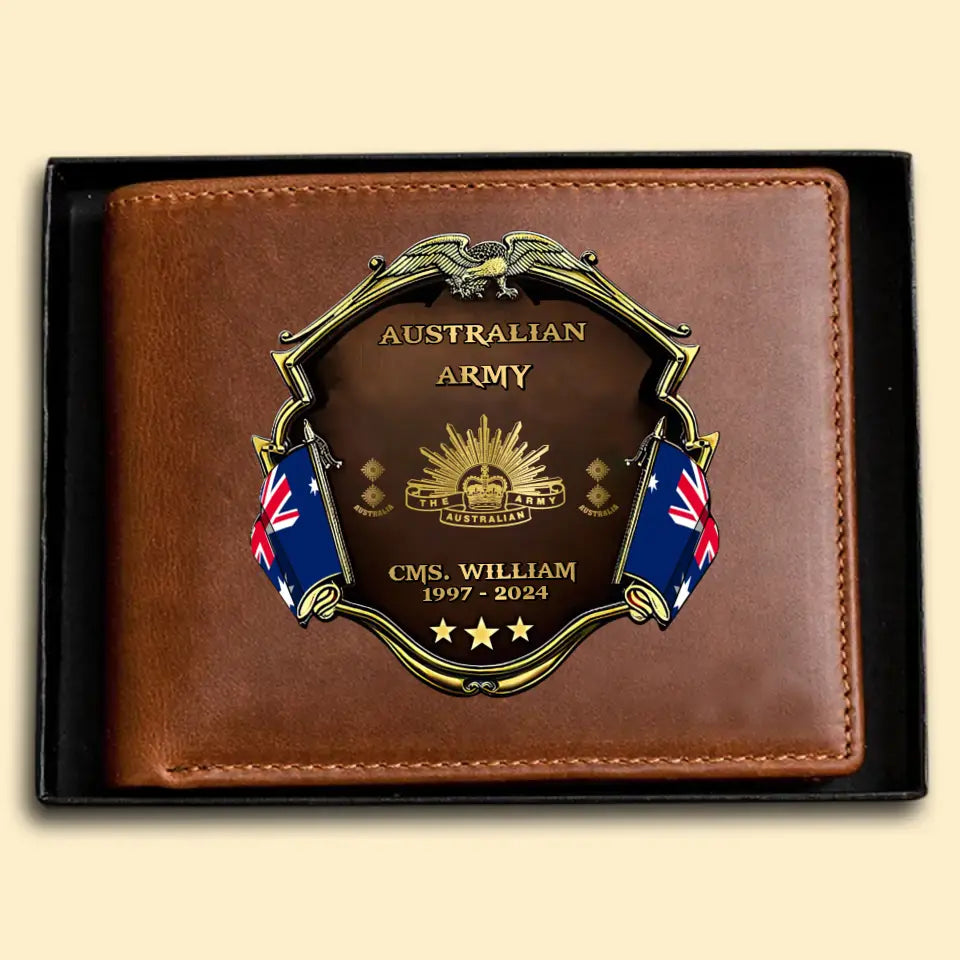 Personalized Australian Army Veteran Rank Gold Custom Name & Time Leather Wallet AHHN241611