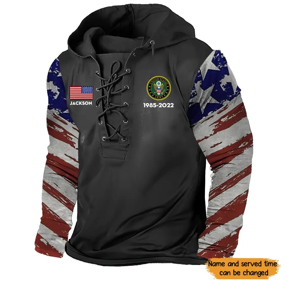 Personalized US Veteran Logo Custom Name & Time Lace-up Long Sleeves Hoodie 3D Printed QTKH241612