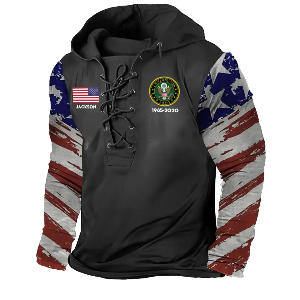 Personalized US Veteran Logo Custom Name & Time Lace-up Long Sleeves Hoodie 3D Printed QTKH241612