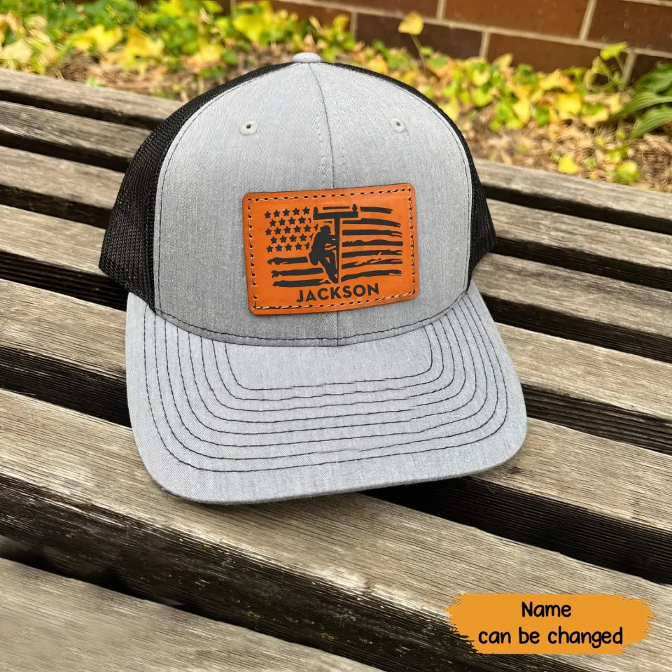 Personalized US Lineman Custom Name Leather Patch Hat Printed KVH241627