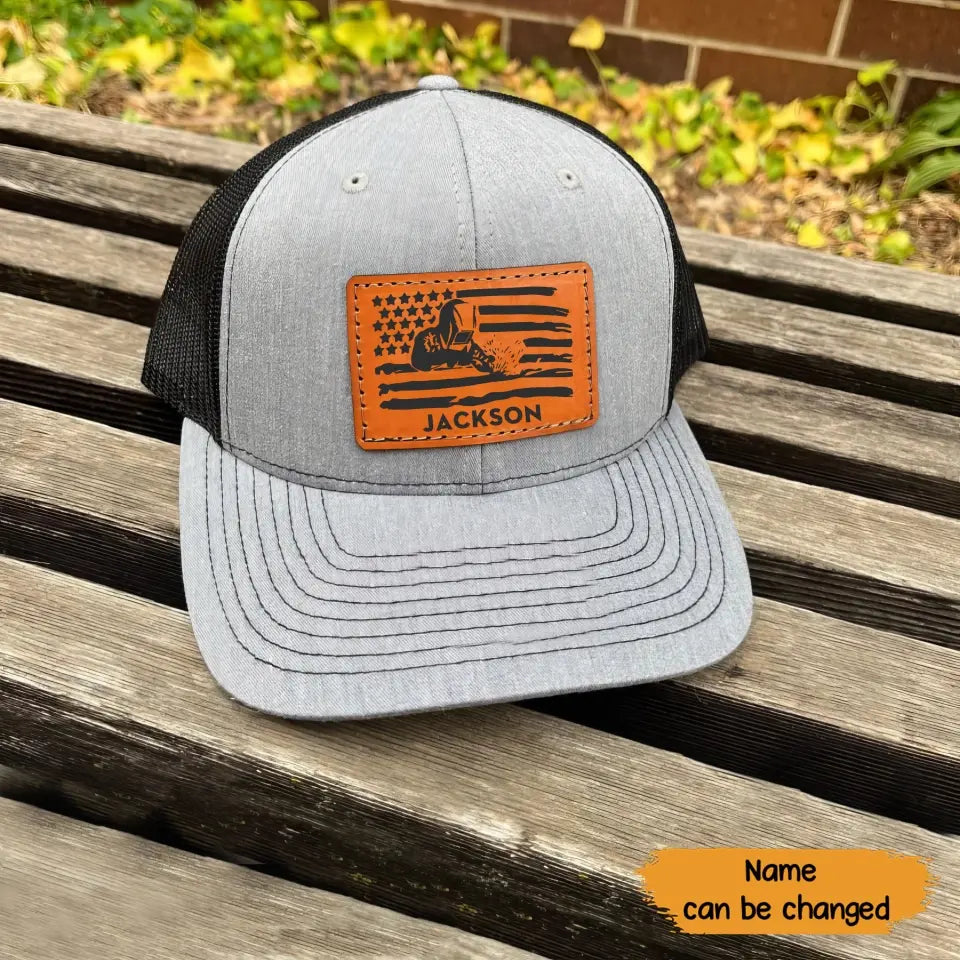Personalized US Flag Welder Custom Name Leather Patch Hat Printed KVH241629