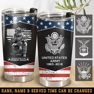 Personalized United States Army Veteran US Flag Custom Name, Rank & Time Tumbler Printed VQ241650