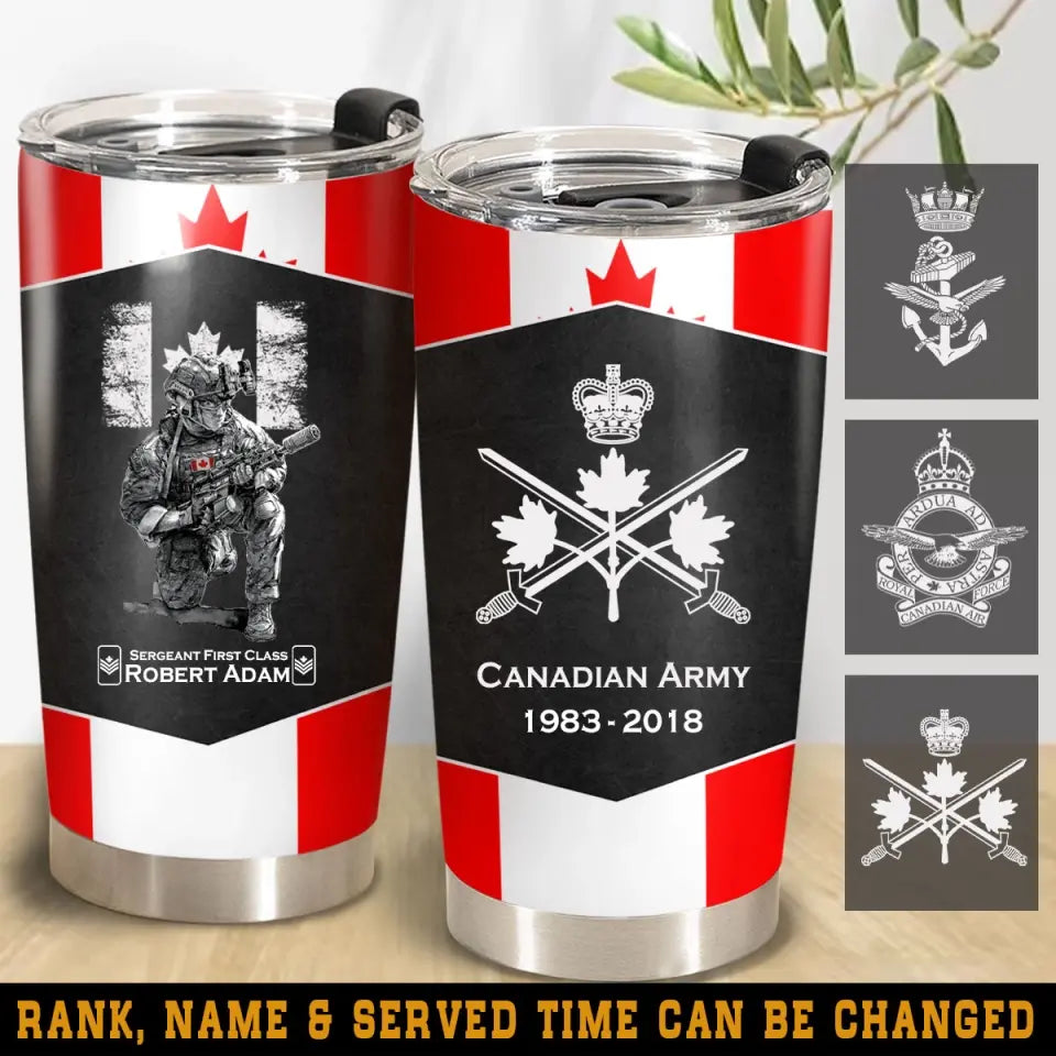 Personalized Canadian Army Veteran Canada Flag Custom Name, Rank & Time Tumbler Printed VQ241650