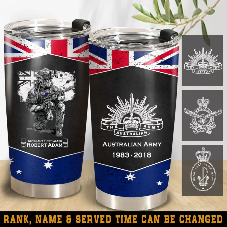 Personalized Australian Army Veteran Australia Flag Custom Name, Rank & Time Tumbler Printed VQ241650