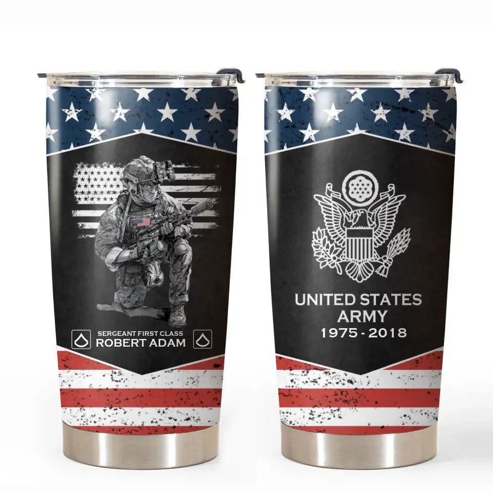Personalized United States Army Veteran US Flag Custom Name, Rank & Time Tumbler Printed VQ241650