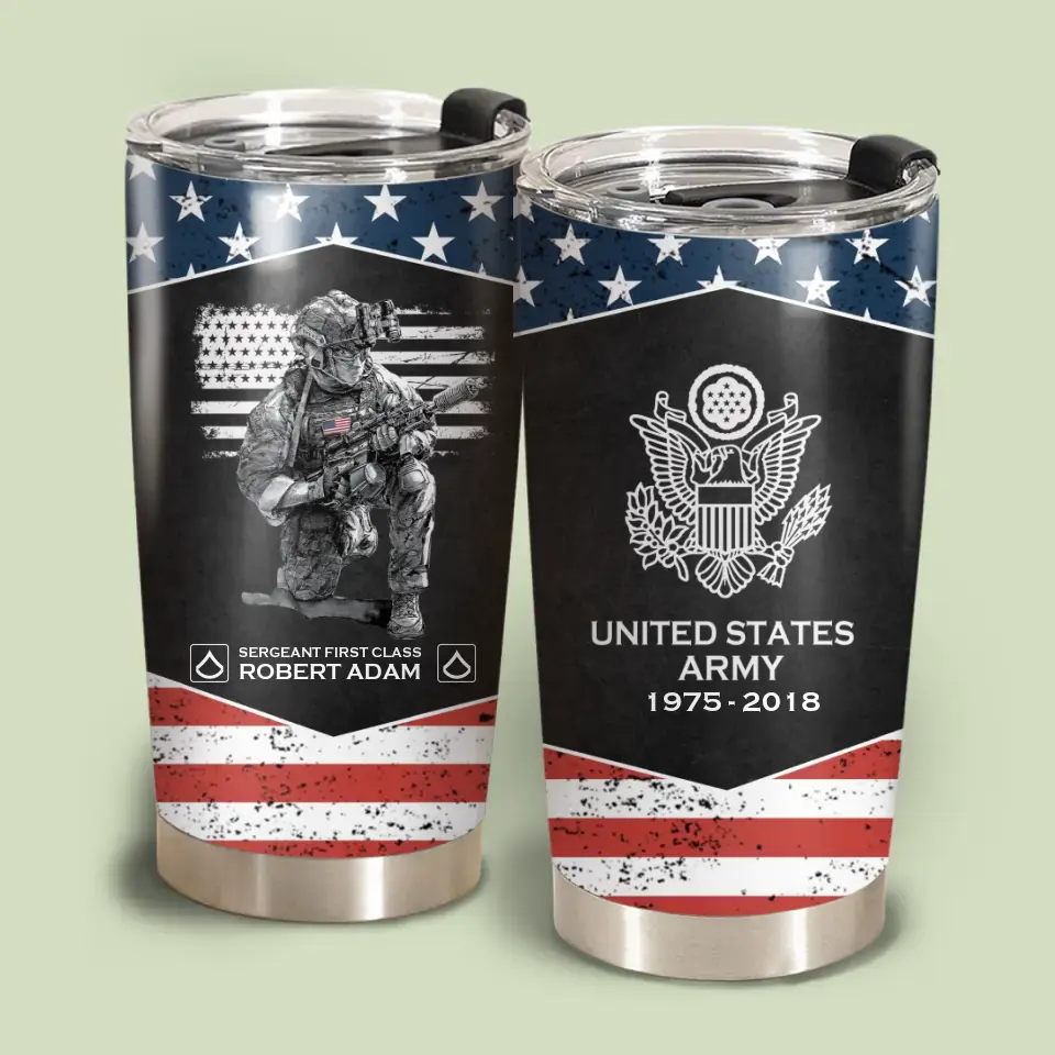 Personalized United States Army Veteran US Flag Custom Name, Rank & Time Tumbler Printed VQ241650