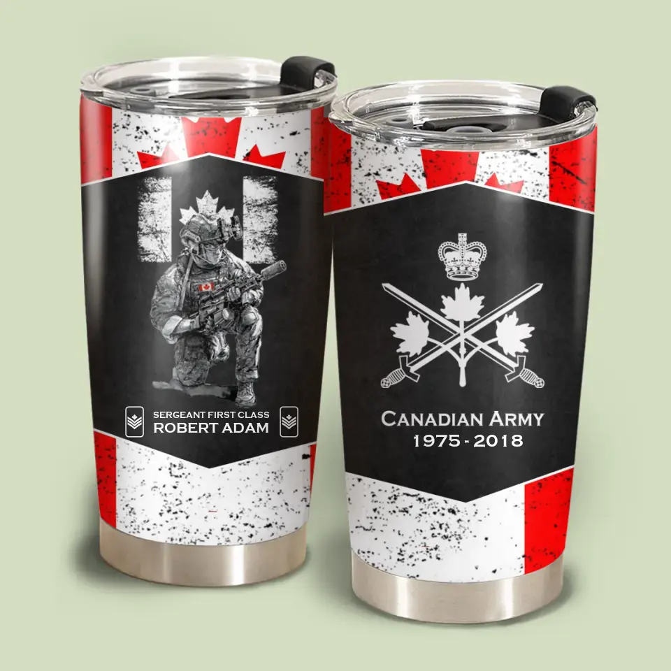 Personalized Canadian Army Veteran Canada Flag Custom Name, Rank & Time Tumbler Printed VQ241650