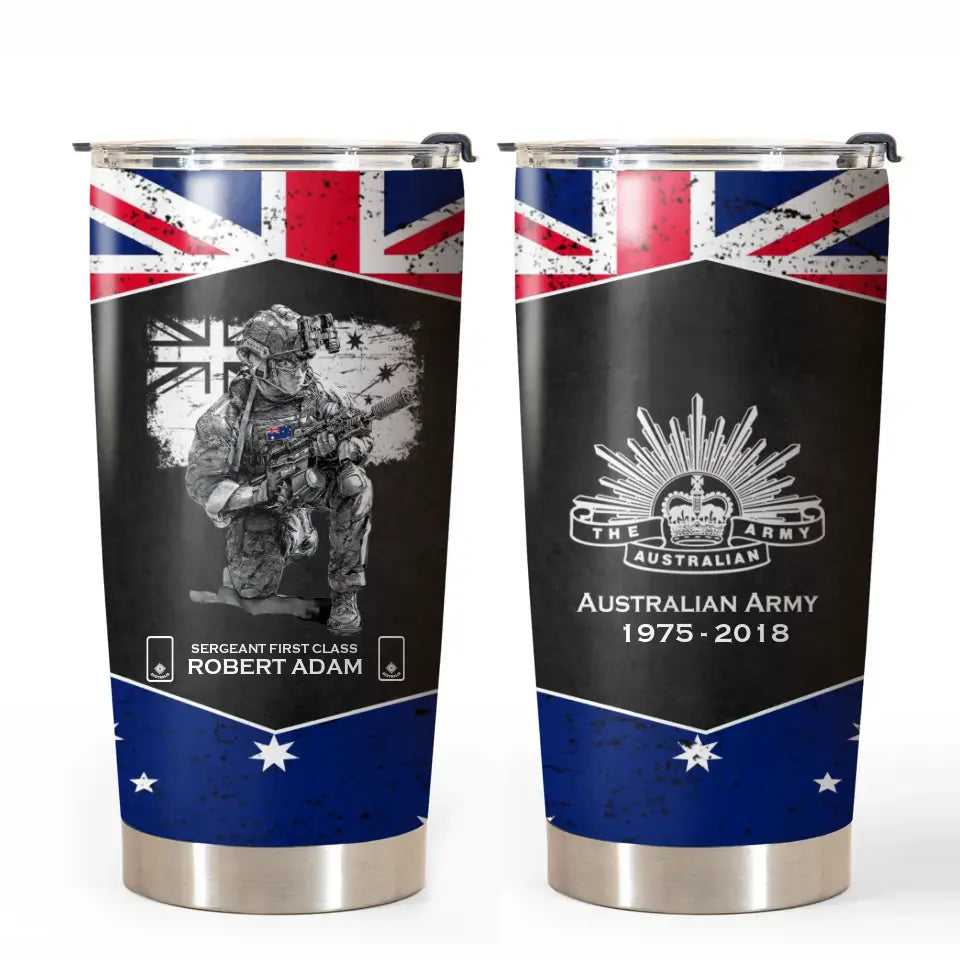 Personalized Australian Army Veteran Australia Flag Custom Name, Rank & Time Tumbler Printed VQ241650