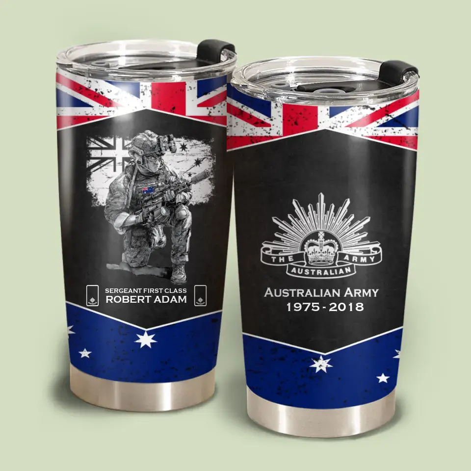 Personalized Australian Army Veteran Australia Flag Custom Name, Rank & Time Tumbler Printed VQ241650