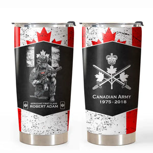 Personalized Canadian Army Veteran Canada Flag Custom Name, Rank & Time Tumbler Printed VQ241650