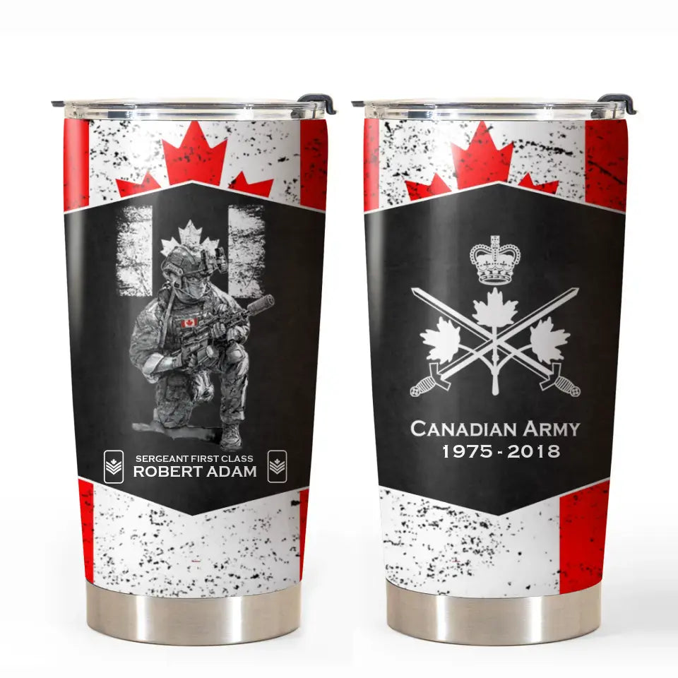 Personalized Canadian Army Veteran Canada Flag Custom Name, Rank & Time Tumbler Printed VQ241650