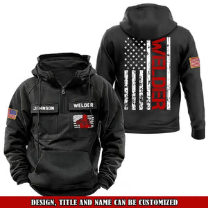 Personalized US Flag Welder Working Custom Name American Retro Hooded Sweatshirt Printed VQ241671