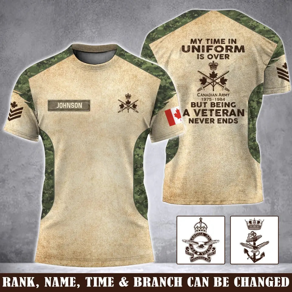 Personalized My Time In Uniform Is Over But Being A Veteran Never Ends Canadian Veteran 3D T-shirt Printed AHVA241655