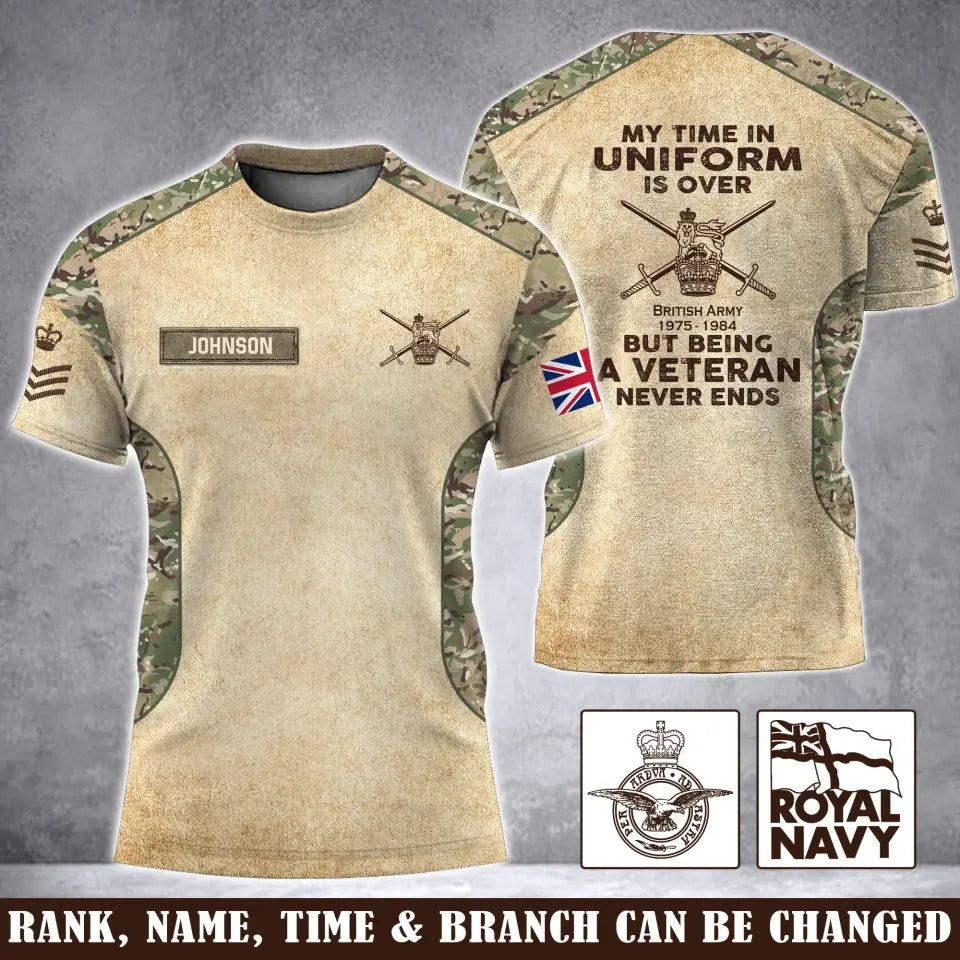 Personalized My Time In Uniform Is Over But Being A Veteran Never Ends UK Veteran 3D T-shirt Printed AHVA241655