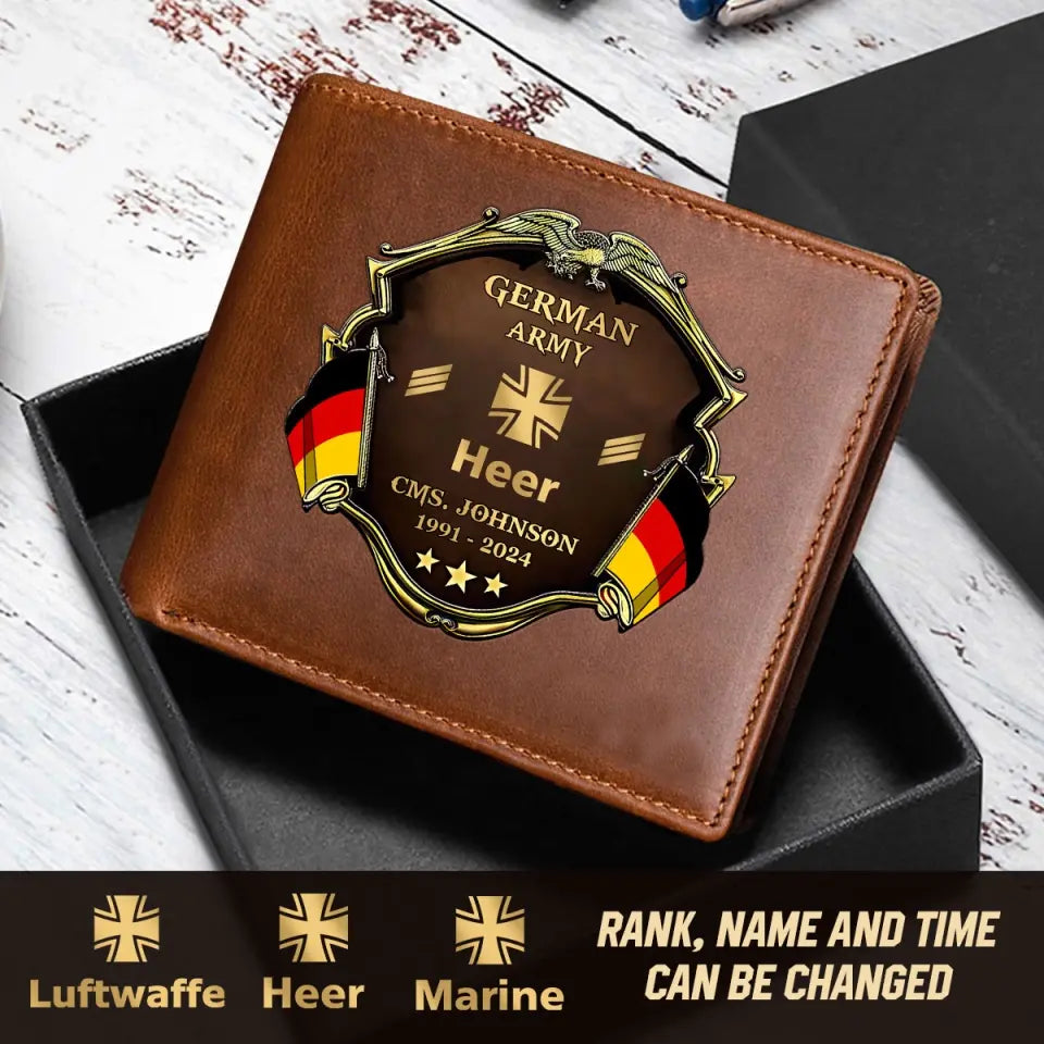 Personalized German Army Veteran Rank Gold Custom Name & Time Leather Wallet AHHN241660