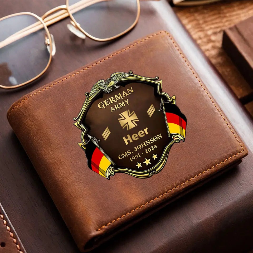 Personalized German Army Veteran Rank Gold Custom Name & Time Leather Wallet AHHN241660