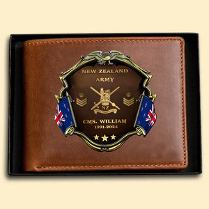Personalized New Zealand Army Veteran Rank Gold Custom Name & Time Leather Wallet Printed AHHN241660