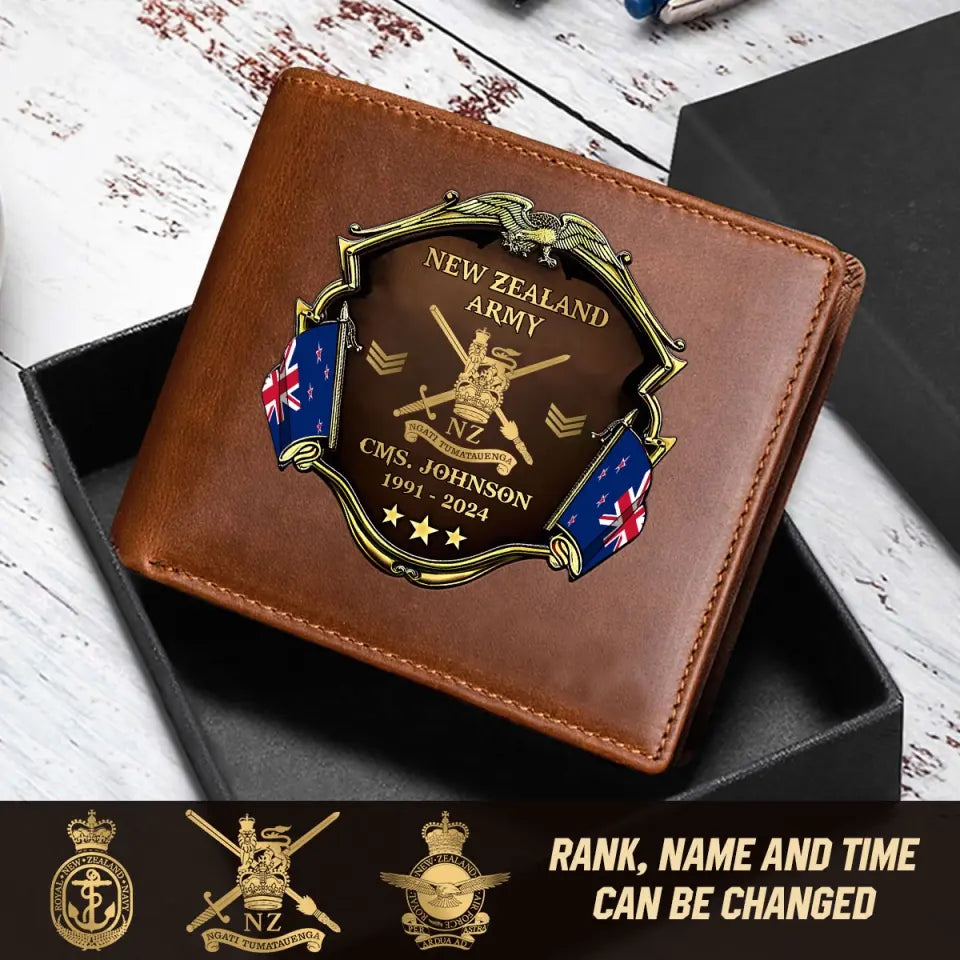 Personalized New Zealand Army Veteran Rank Gold Custom Name & Time Leather Wallet Printed AHHN241660