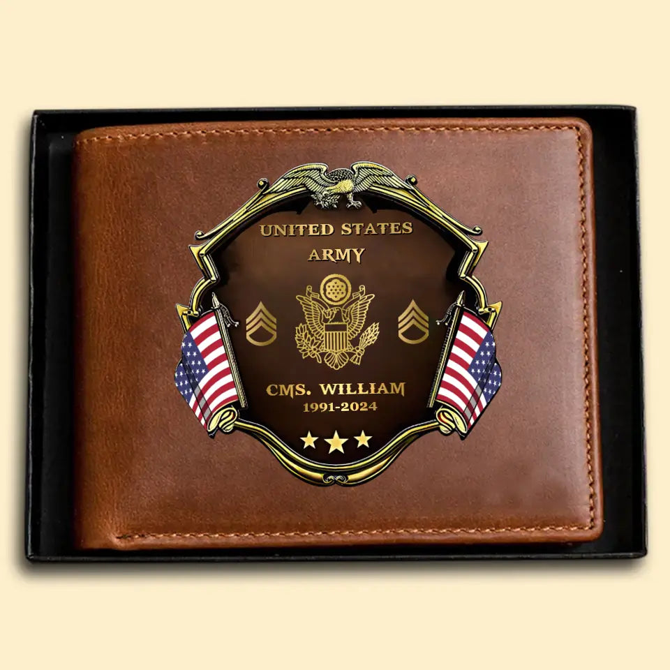 Personalized US Army Veteran Rank Gold Custom Name & Time Leather Wallet Printed AHHN241660