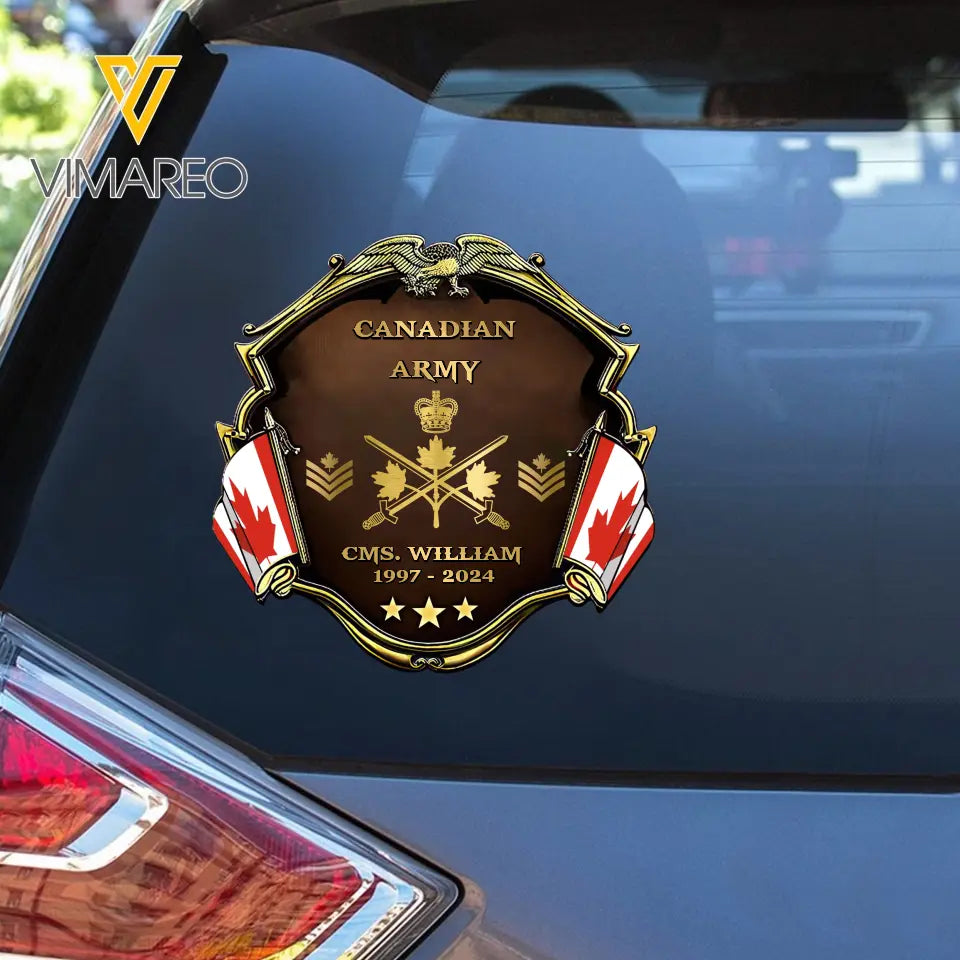 Personalized Canadian Army Veteran Custom Name, Time & Rank Gold Decal Printed AHHN241668
