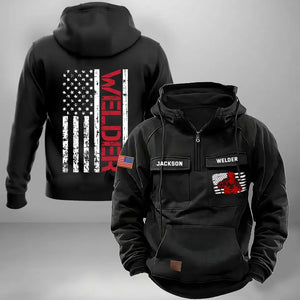 Personalized US Flag Welder Working Custom Name American Retro Hooded Sweatshirt Printed VQ241671