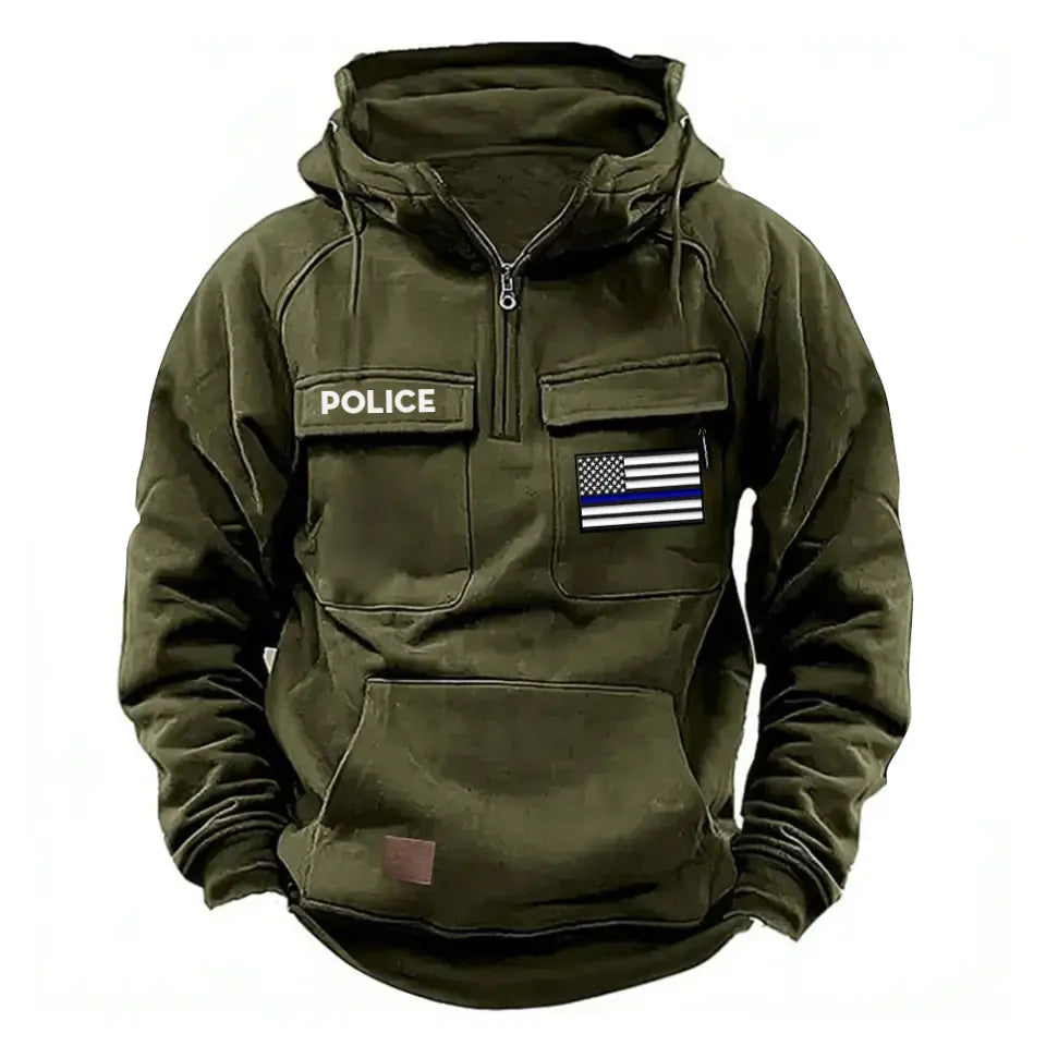 Personalized US Police Flag Thin Blue Line American Retro Hooded Sweatshirt Printed QTKH241686