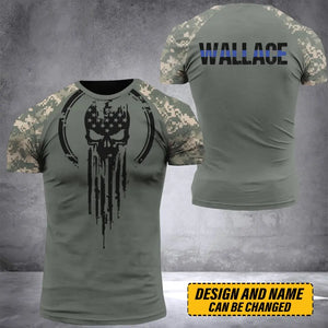Personalized Skull US Camo Blue Line Custom Name & Time 3D T-shirt Printed QTVQ241707