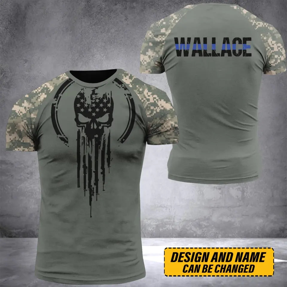 Personalized Skull US Camo Blue Line Custom Name & Time 3D T-shirt Printed QTVQ241707