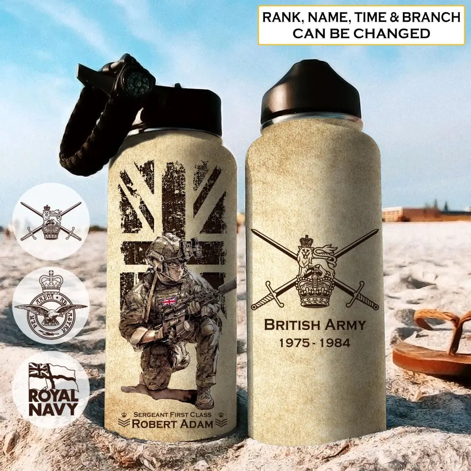 Personalized UK Veteran Logo Custom Name, Rank & Time Water Bottle 3D Printed AHVA241701
