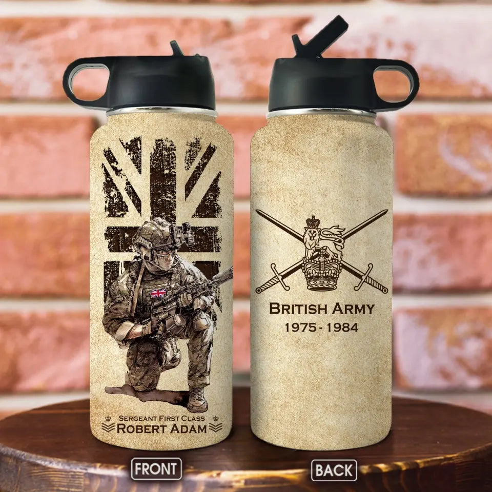 Personalized UK Veteran Logo Custom Name, Rank & Time Water Bottle 3D Printed AHVA241701
