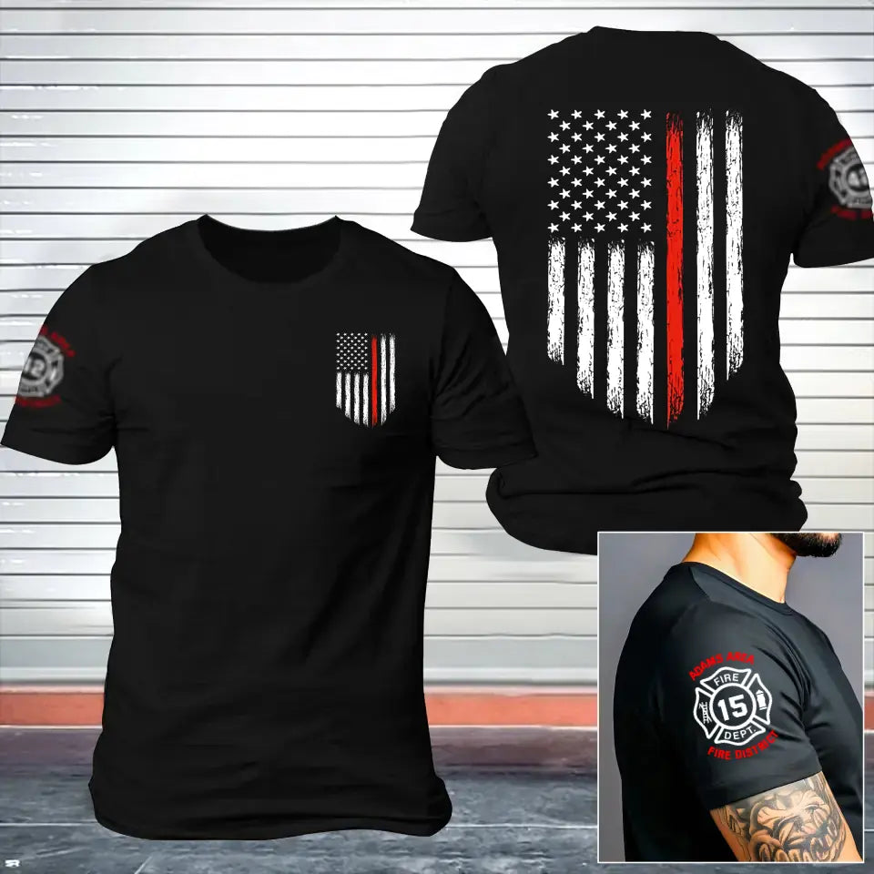 Personalized US Firefighter Department  & ID Number US Flag Red Line T-shirt Printed KVH241721