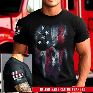 Personalized Skull US Flag US Firefighter Red Line Custom Name & ID T-shirt Printed QTKH241724