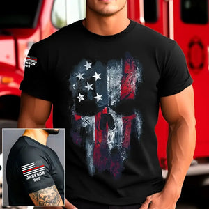 Personalized Skull US Flag US Firefighter Red Line Custom Name & ID T-shirt Printed QTKH241724
