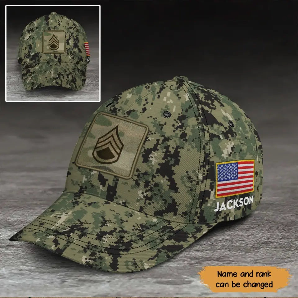 Personalized US Army Veteran Rank Camo US Flag Cap 3D Printed KVH241728