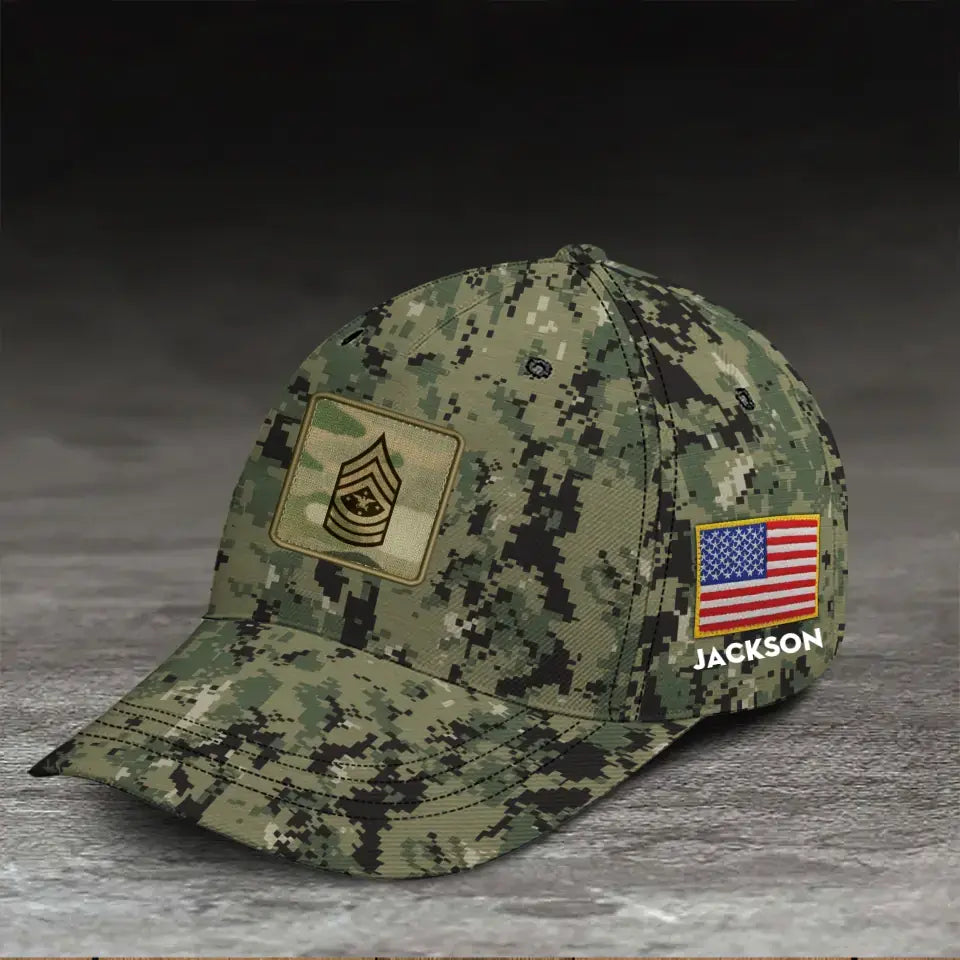 Personalized US Army Veteran Rank Camo US Flag Cap 3D Printed KVH241728