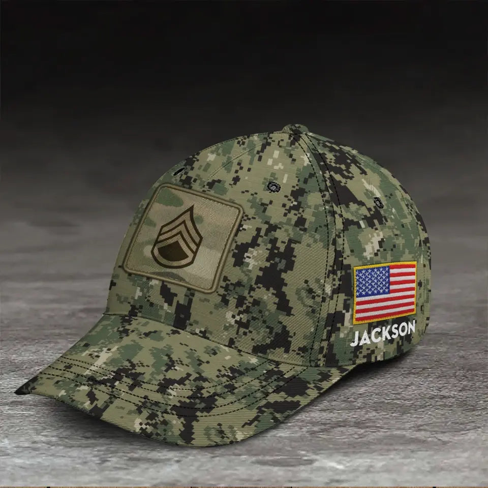Personalized US Army Veteran Rank Camo US Flag Cap 3D Printed KVH241728