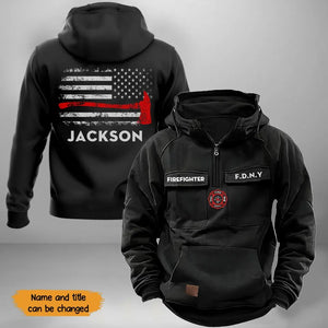 Personalized US Firefighter Logo & Department US Firefighter Flag American Retro Hooded Sweatshirt Printed QTKH241743
