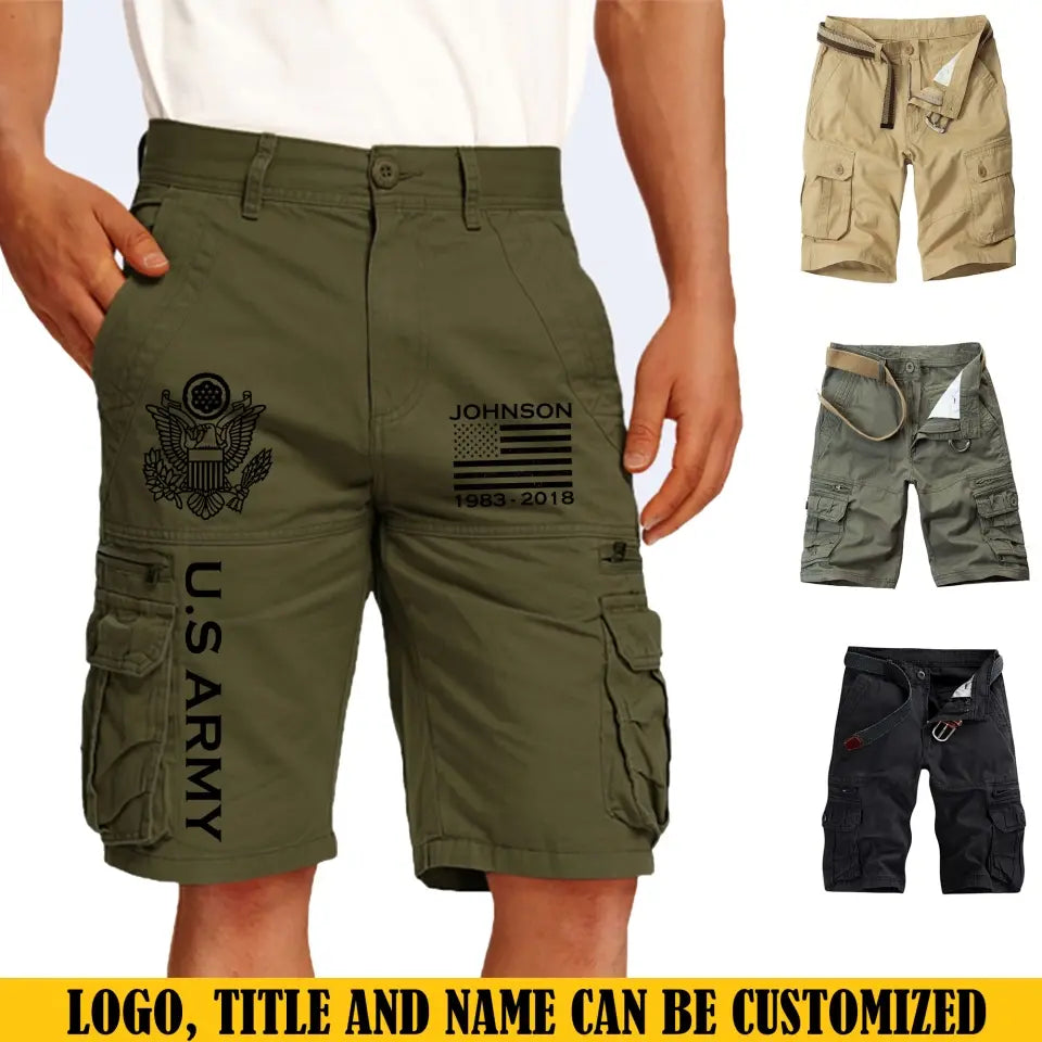Personalized US Veteran Branch Logo Custom Name & Time Mens Cargo Shorts Casual Five-Point Overalls Short Pants - Retro Cargo Pants 2D Printed VQ241699