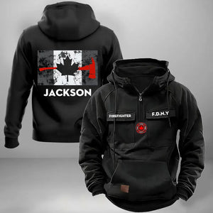 Personalized Canadian Firefighter Logo & Department Canadian Firefighter Flag American Retro Hooded Sweatshirt Printed QTKH241743