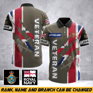 Personalized UK Army Veteran UK Flag & Logo Custom Name & Rank Polo Shirt Printed AHVA241763