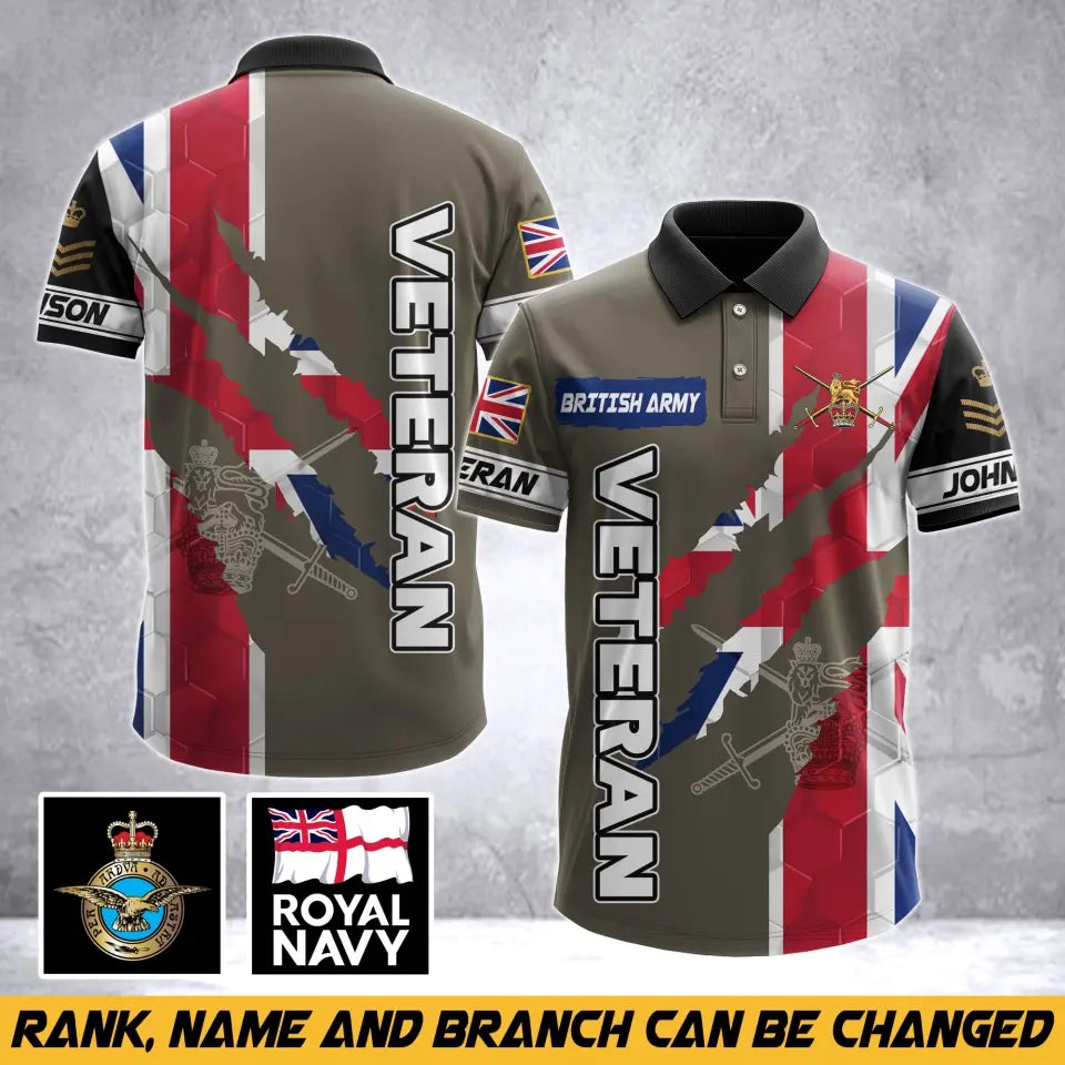 Personalized UK Army Veteran UK Flag & Logo Custom Name & Rank Polo Shirt Printed AHVA241763