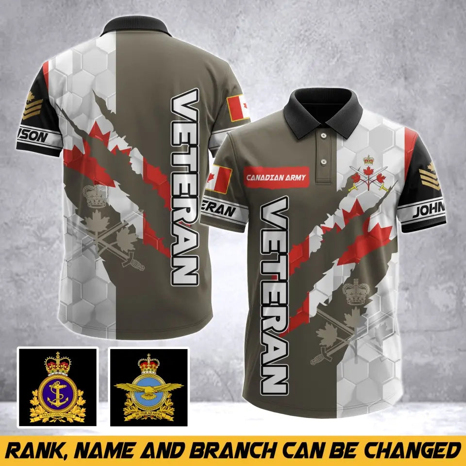 Personalized Canadian Army Veteran Canada Flag & Logo Custom Name & Rank Polo Shirt Printed AHVA241763