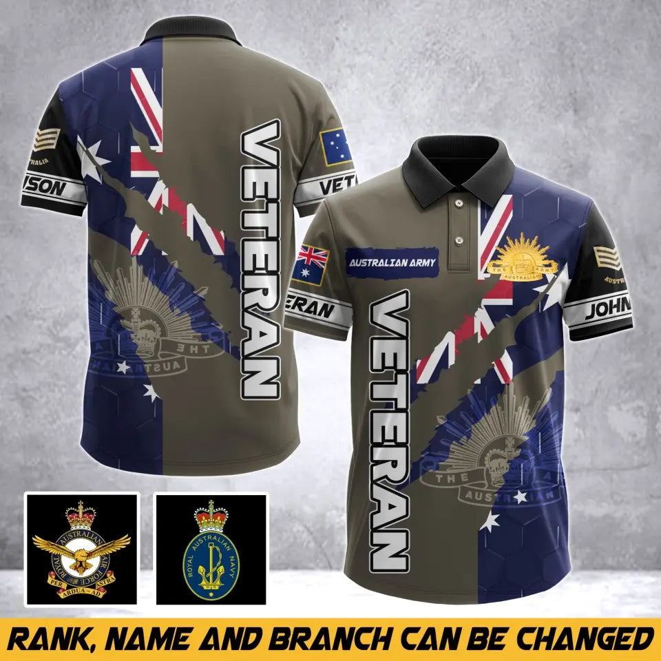 Personalized Australian Army Veteran Australia Flag & Logo Custom Name & Rank Polo Shirt Printed AHVA241763